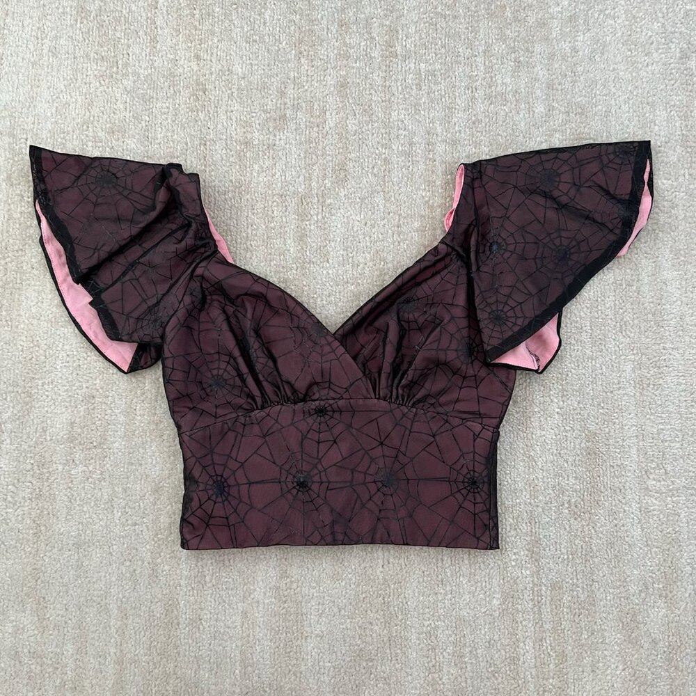 Vixen by Micheline Pitt Babydoll Spider Web Crop Top Blouse S